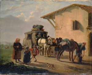 Tableau de Jean-François Bellay, représentant une diligence sur une route de campagne au début du XIXe siècle