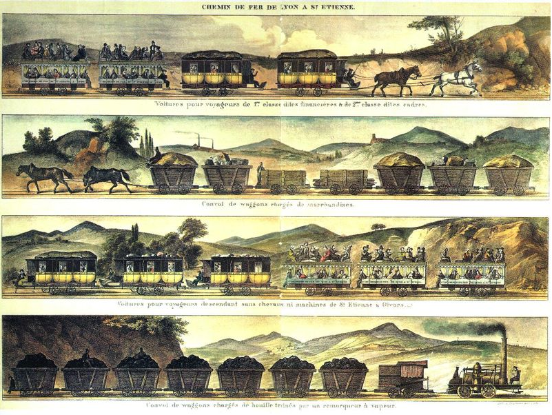 Illustration en couleurs représentant quatre trains de la Ligne Saint-Étienne - Lyon: train de voyageurs en traction équestre, train de marchandises en traction équestre, train de voyageurs en descente sans traction, train de houille tiré par une locomotive d'avant 1840.