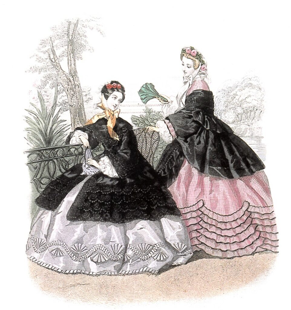 Planche en couleurs de La Mode Illustrée de 1862 montrant deux femmes habillées à la mode de l'époque.