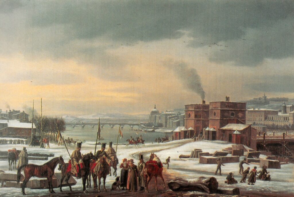 Tableau d'Antoine-Jean Duclaux représentant le Pont Morand sous la neige.