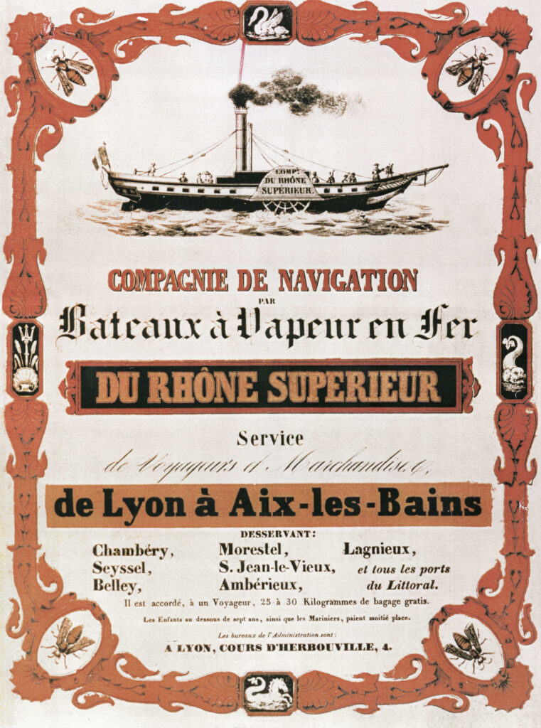 Affiche de publicité pour le bateau à vapeur effectuant des trajets sur le Rhône