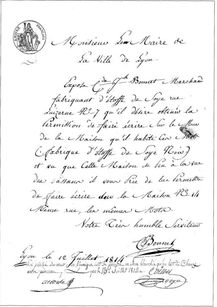 Lettre manuscrite de 1814 rédigée par Claude-Joseph Bonnet afin de demander une autorisation municipale