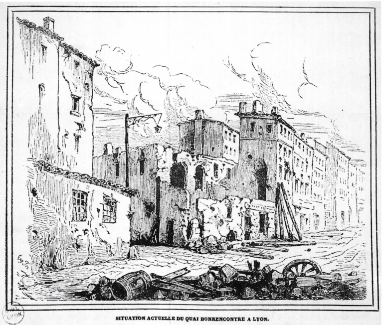 Gravure représentant les destructions dues à la répression de la révolte des canuts de 1834