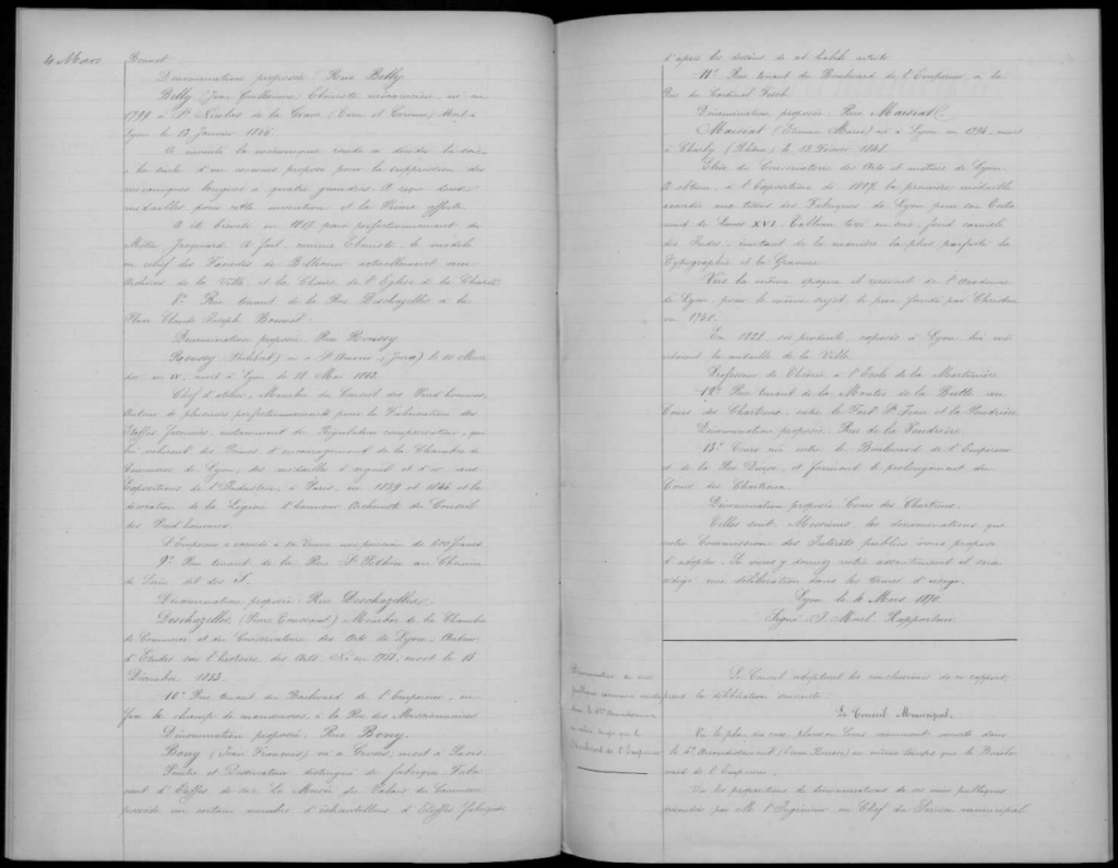 Double page consacrée à l'attribution de noms pour de nouvelles rues de Lyon en 1870